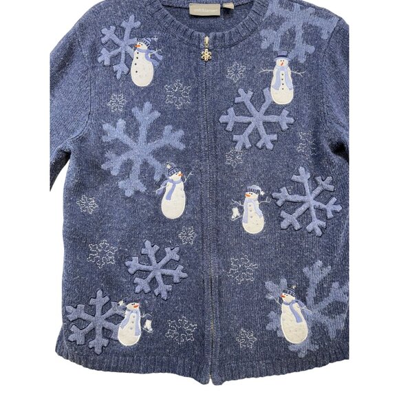 Croft & Barrow Womens  Snowman & Snowflake Cardigan Sweater Small Blue Ramie & A - Picture 2 of 13